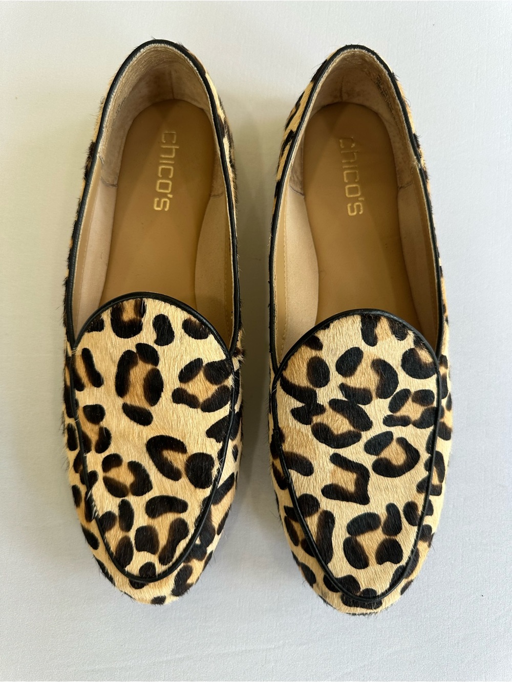 Chico's Leopard-Print Calf Hair Leather Loafers in Tan and Black Size 9.5
